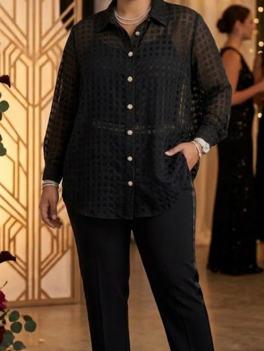 Notations Black Sheer Button-Front Blouse with Straight-Leg Pants